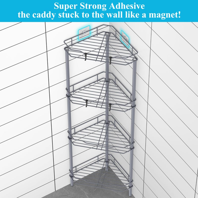 HuggieGems 4 Tier Floor Standing Corner Shower Caddy Organizer Shelf with Hooks, Bathroom Shelves Stand Rack, Dark Gray - Image 2